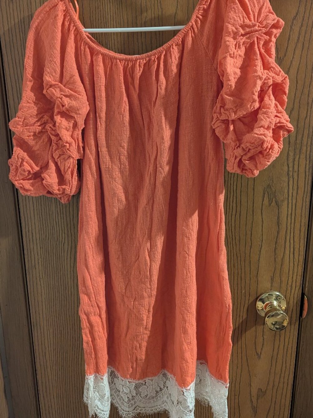 Love J Gauze Shift Dress Ruffle Puff Sleeves Lace Hem Orange Coral-M